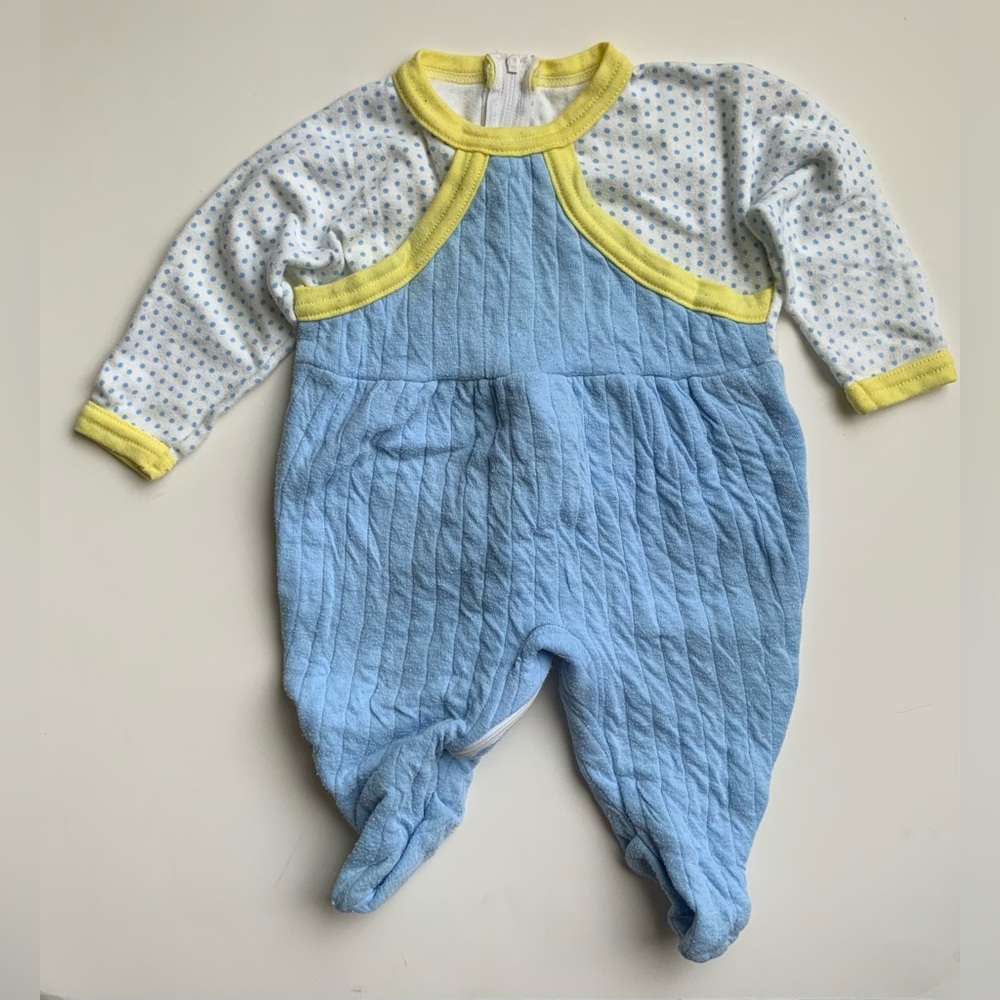 Vintage 90s  Blue Quilted Baby Footed Romper with Yellow Trim
